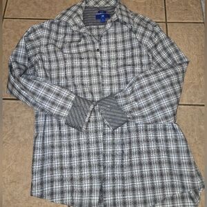 Egara Men's Navy Grey and White Plaid Shirt Xl